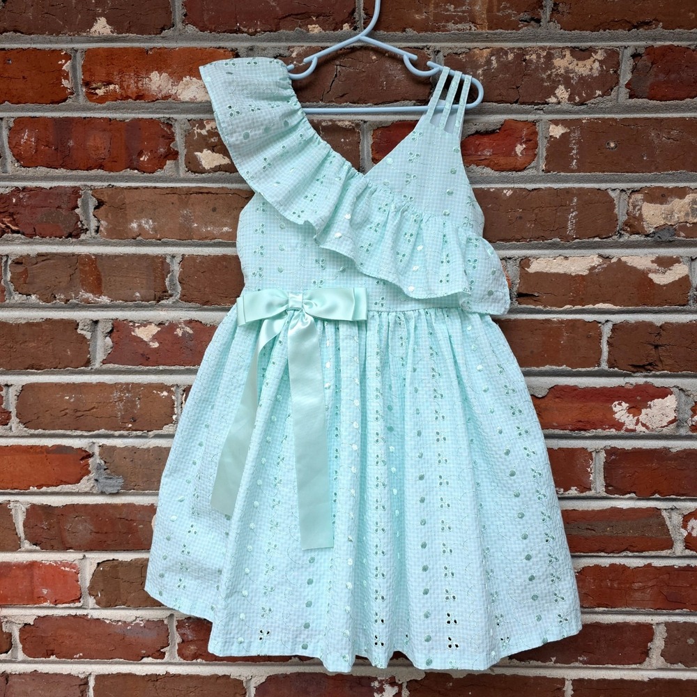 Bonnie Jean Gingham Girls Dress Size 7 Blue Eyelet Bow Ruffle Tie-Back